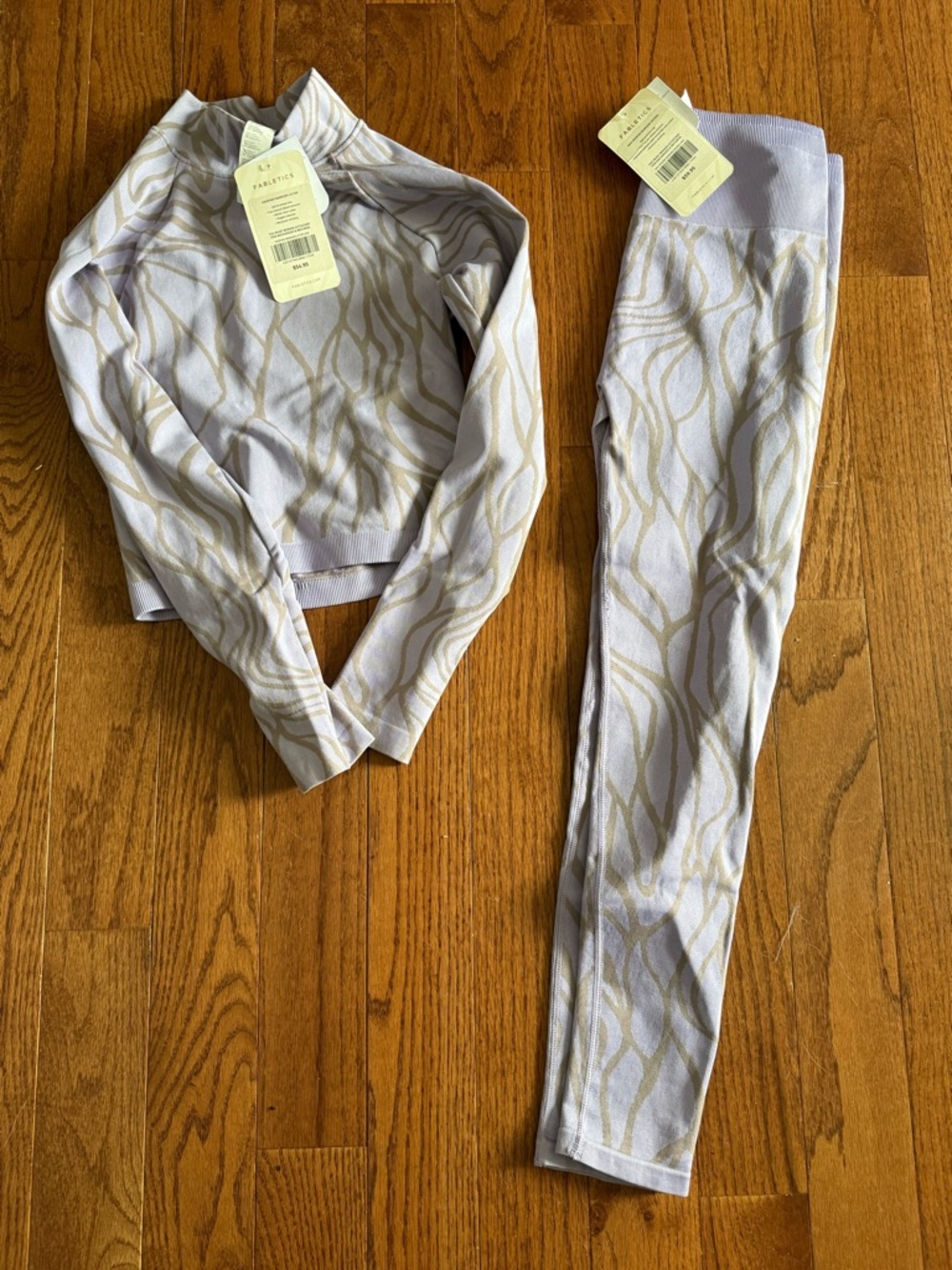 Fabletics Two-Tone Ribbed Mock-Neck Top in Lavender and Taupe and Leggings